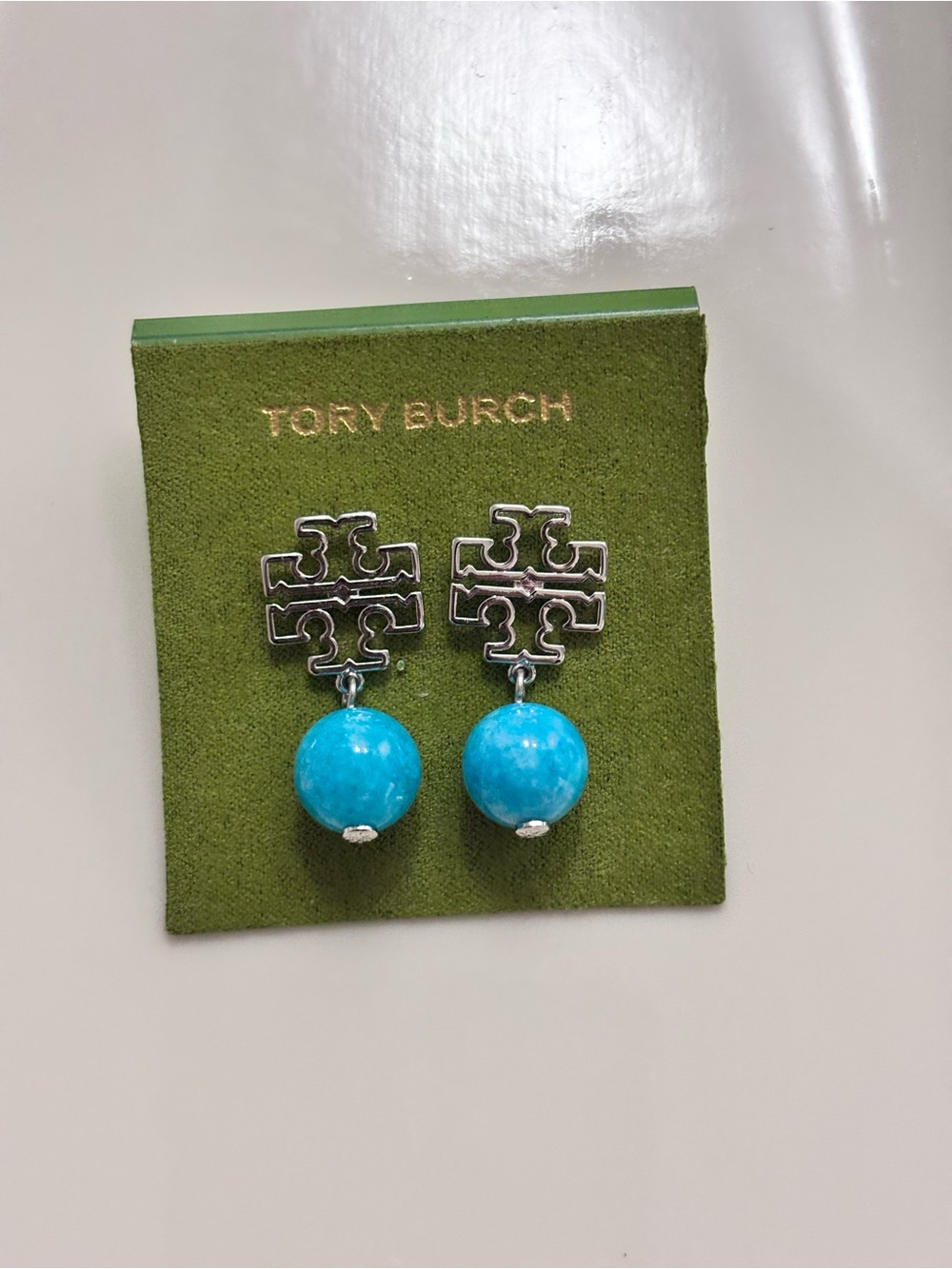 Tory Burch Silver Logo Drop Earrings with Turquoise Blue Beads